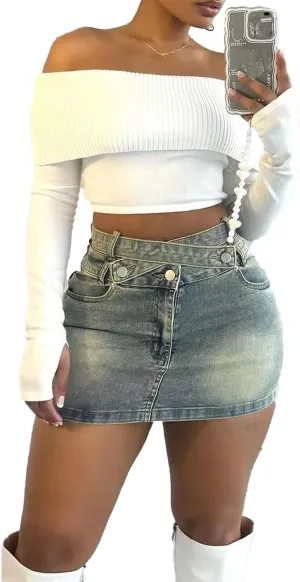 Women's High Waisted Denim Mini Skirt Casual Stretch Slim Fit Cargo Jean Skirt with Pockets Y2k Streetwear