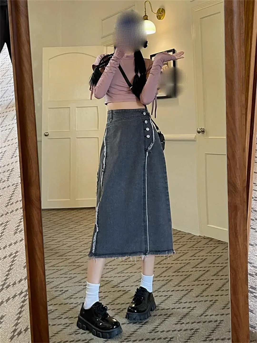 Women's High Waisted Retro Fringed Denim Skirt with Pockets Casual Buttoned Asymmetric Midi Skirt