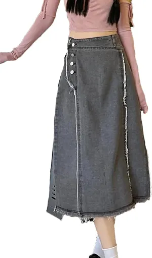 Women's High Waisted Retro Fringed Denim Skirt with Pockets Casual Buttoned Asymmetric Midi Skirt