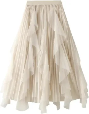 Women's High Waisted Ruffle Patchwork Gauze Skirt Mid-Length Pleated A-Line Midi Skirt