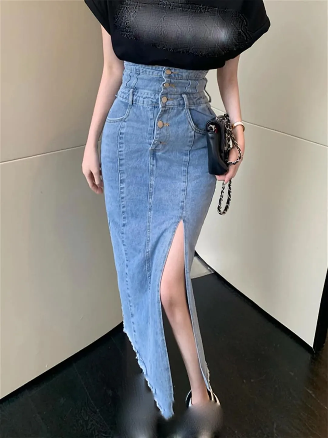Women's High Waisted Side Slit Button Down Denim Skirts Many Pockets Wrap Hip Pencil Jeans Skirts