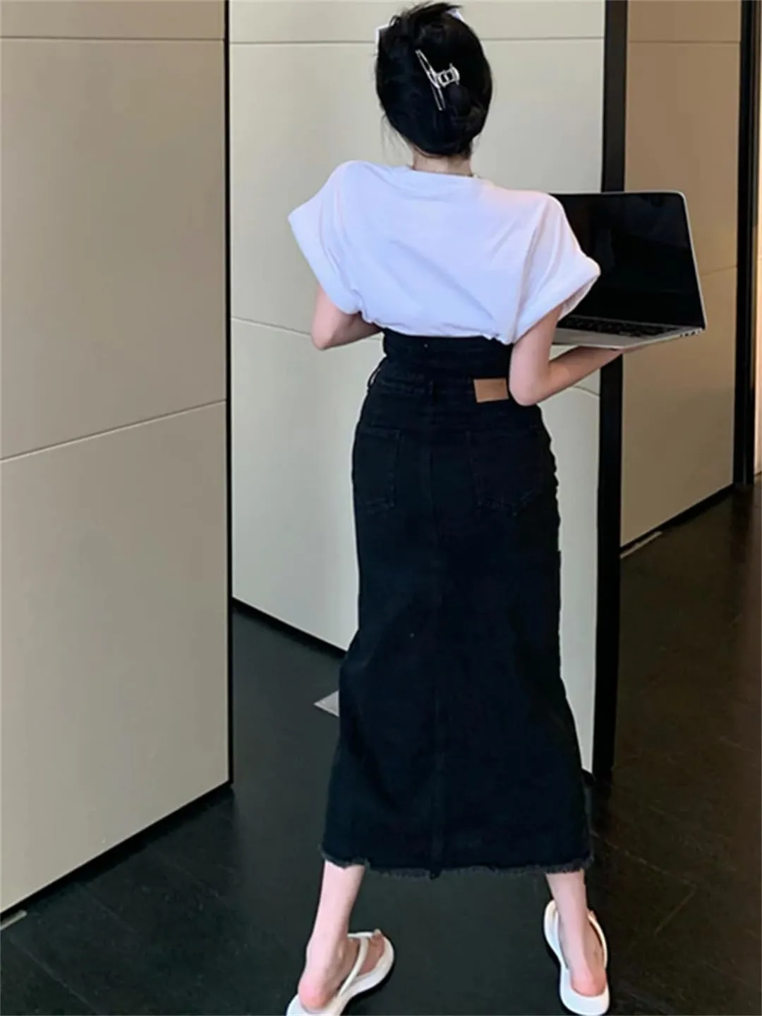 Women's High Waisted Side Slit Button Down Denim Skirts Many Pockets Wrap Hip Pencil Jeans Skirts