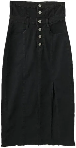 Women's High Waisted Side Slit Button Down Denim Skirts Many Pockets Wrap Hip Pencil Jeans Skirts