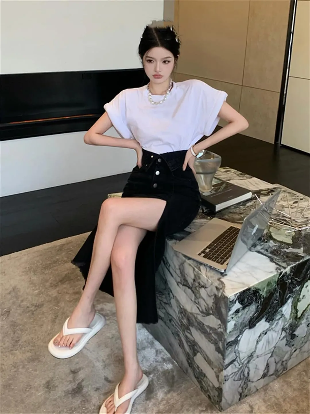 Women's High Waisted Side Slit Button Down Denim Skirts Many Pockets Wrap Hip Pencil Jeans Skirts