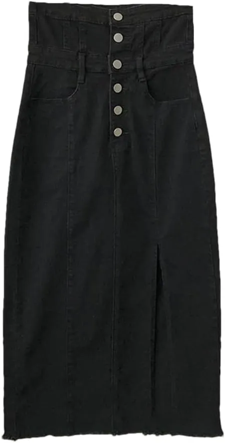 Women's High Waisted Side Slit Button Down Denim Skirts Many Pockets Wrap Hip Pencil Jeans Skirts