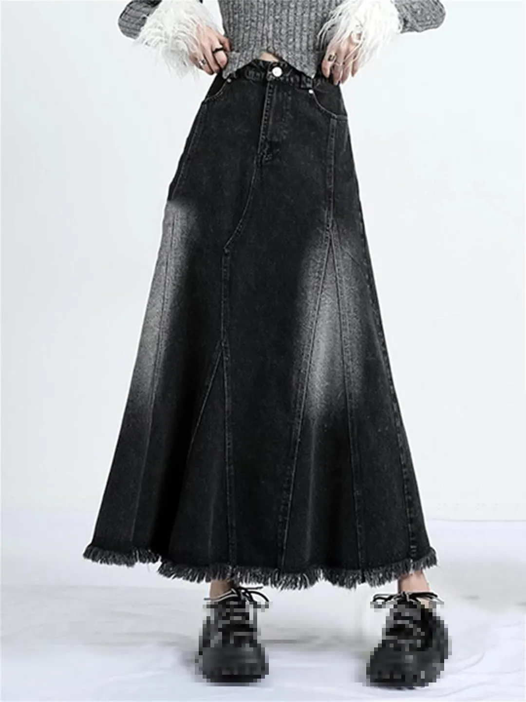 Women's Irregular Splicing Elastic High Waisted Jeans Skirts with Pockets Distressed Washed Denim Skirts