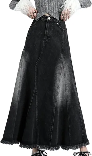 Women's Irregular Splicing Elastic High Waisted Jeans Skirts with Pockets Distressed Washed Denim Skirts