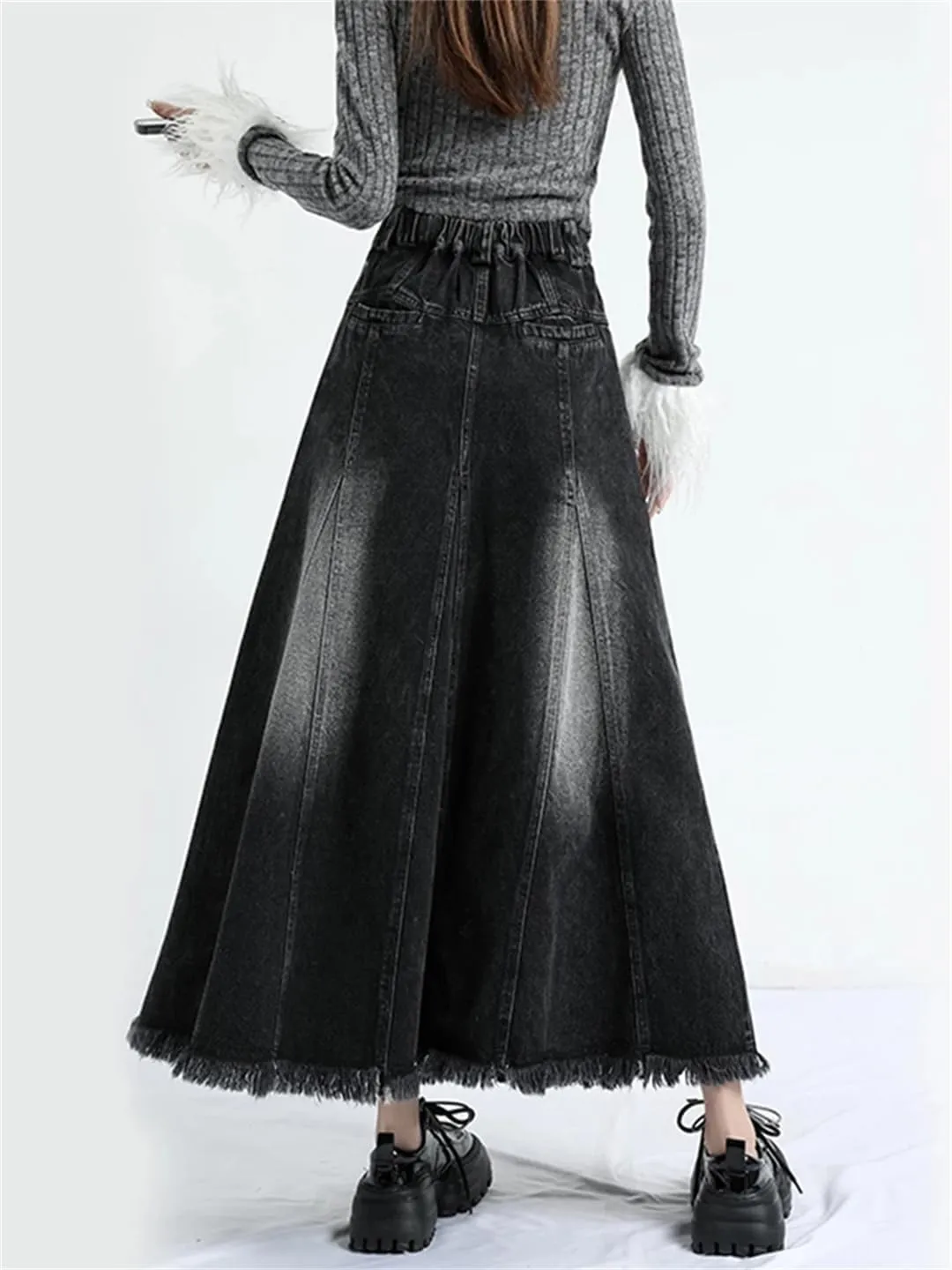 Women's Irregular Splicing Elastic High Waisted Jeans Skirts with Pockets Distressed Washed Denim Skirts