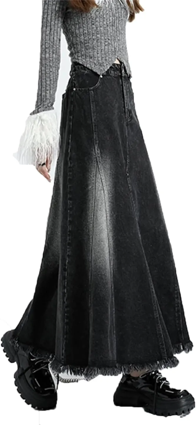 Women's Irregular Splicing Elastic High Waisted Jeans Skirts with Pockets Distressed Washed Denim Skirts