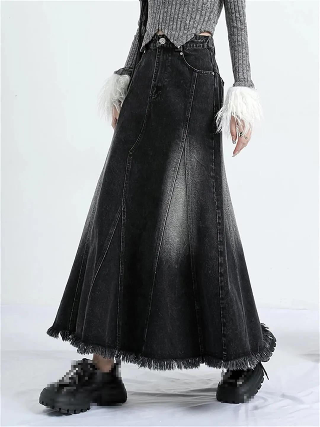 Women's Irregular Splicing Elastic High Waisted Jeans Skirts with Pockets Distressed Washed Denim Skirts