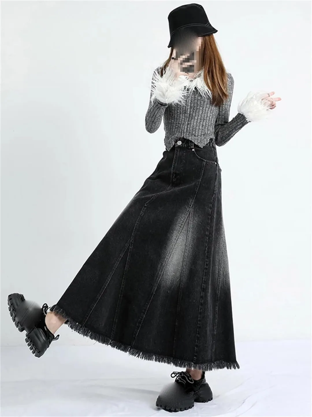 Women's Irregular Splicing Elastic High Waisted Jeans Skirts with Pockets Distressed Washed Denim Skirts