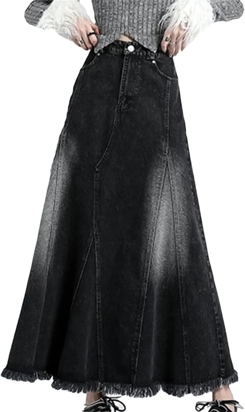 Women's Irregular Splicing Elastic High Waisted Jeans Skirts with Pockets Distressed Washed Denim Skirts