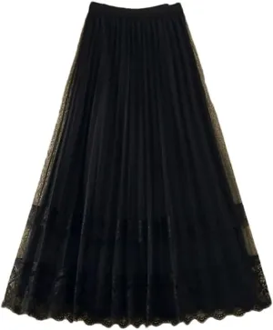 Women's Korean Fashion Lace Gauze Patchwork Pleated Skirt Spring Summer High Waist A-Line Midi Skirts