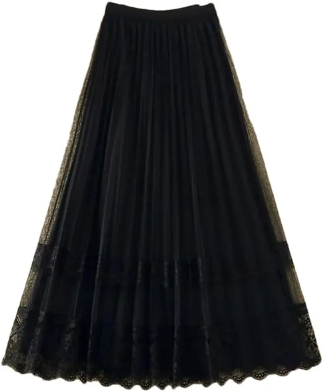 Women's Korean Fashion Lace Gauze Patchwork Pleated Skirt Spring Summer High Waist A-Line Midi Skirts