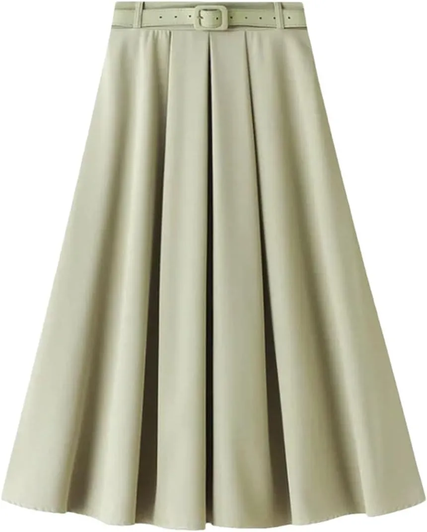 Women's Korean Style Spring High Waist A - Line Midi Skirt with Belt Women Elegant Long Skirt