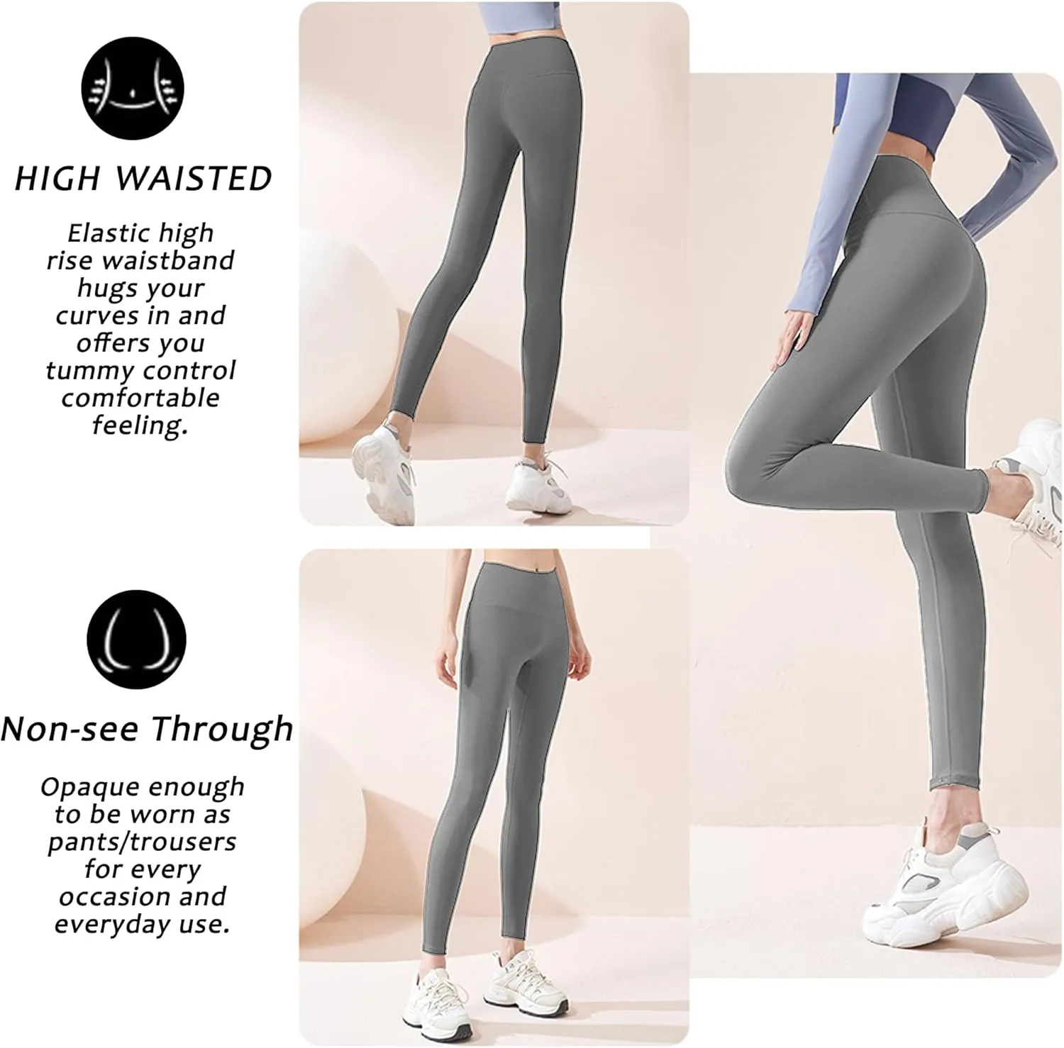 Women's Leggings High Waist Yoga Pants No See Through Workout Gym Capris, Tummy Control Sports Training Pant for Women
