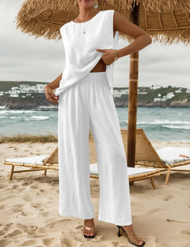 Women's Linen 2 Piece Outfits Loose Top and Pant Suits Summer Vacation Beach Travel Two Piece Lounge Sets