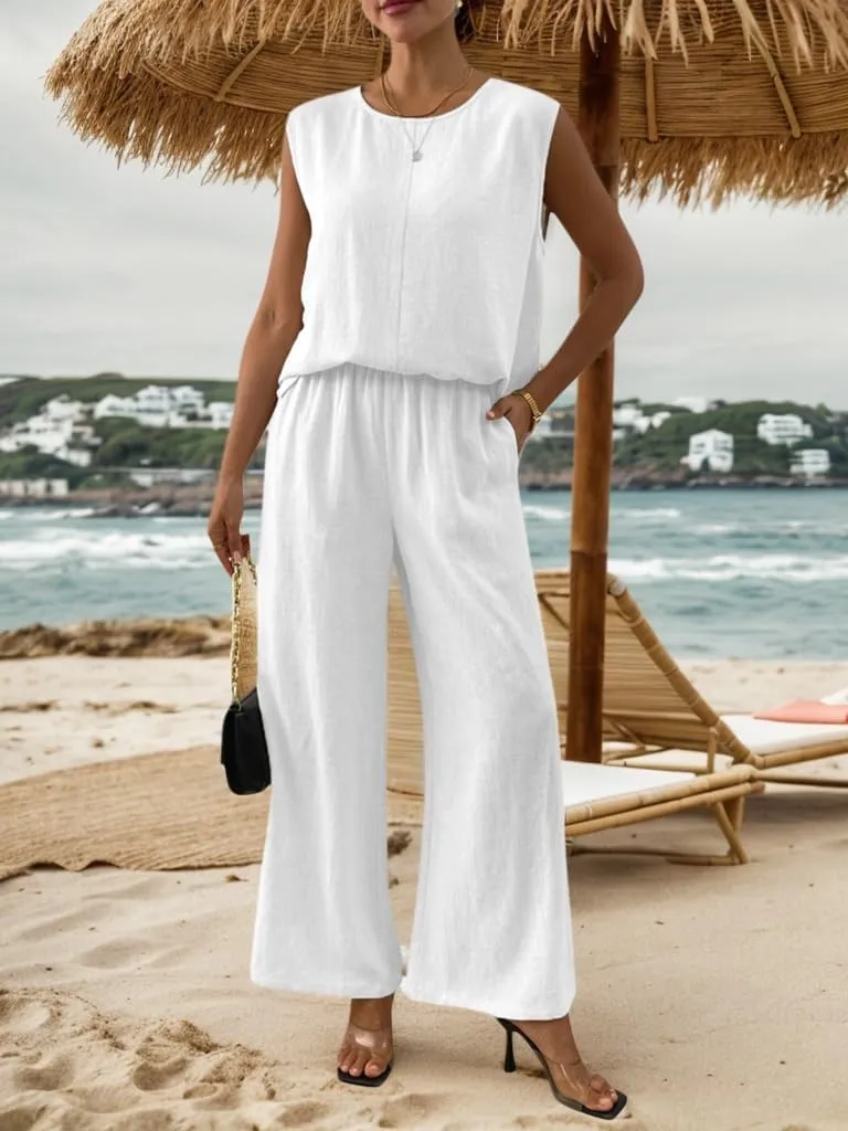 Women's Linen 2 Piece Outfits Loose Top and Pant Suits Summer Vacation Beach Travel Two Piece Lounge Sets