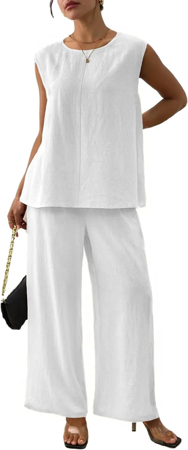 Women's Linen 2 Piece Outfits Loose Top and Pant Suits Summer Vacation Beach Travel Two Piece Lounge Sets