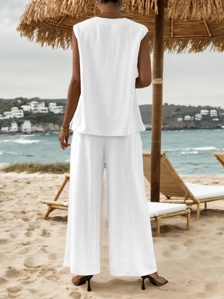 Women's Linen 2 Piece Outfits Loose Top and Pant Suits Summer Vacation Beach Travel Two Piece Lounge Sets