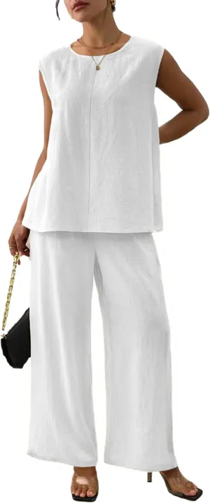 Women's Linen 2 Piece Outfits Loose Top and Pant Suits Summer Vacation Beach Travel Two Piece Lounge Sets