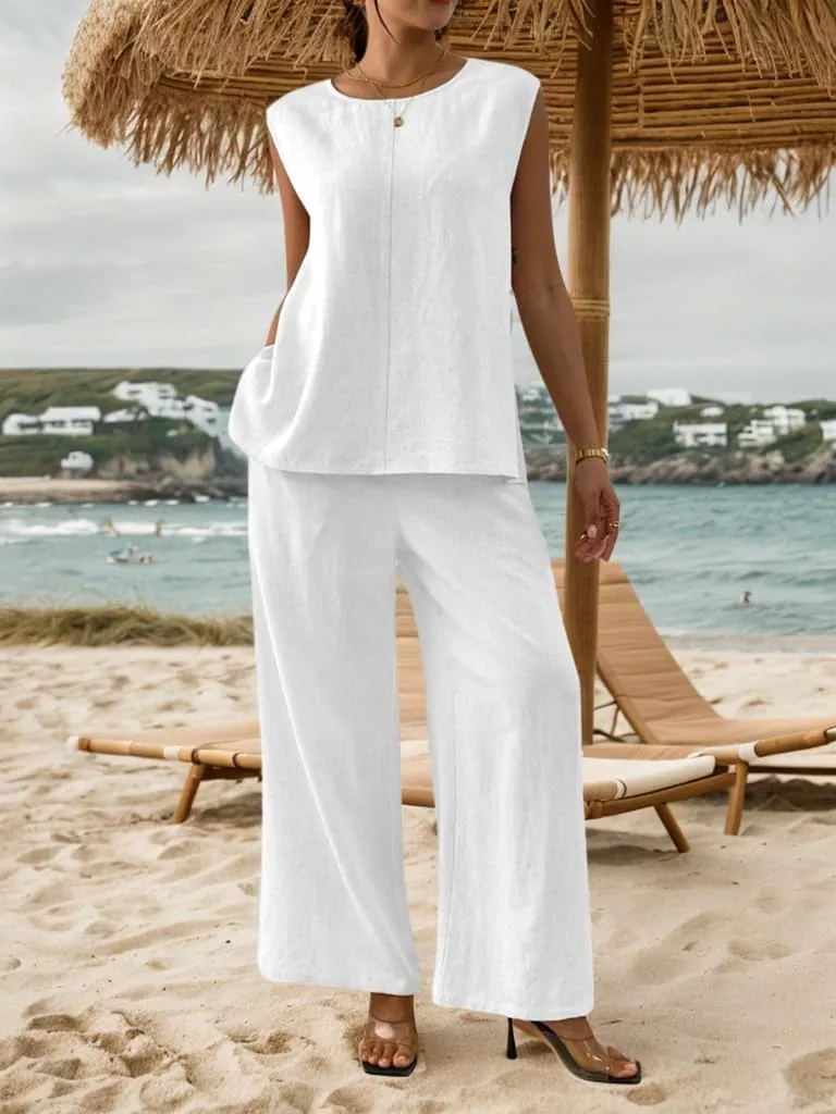 Women's Linen 2 Piece Outfits Loose Top and Pant Suits Summer Vacation Beach Travel Two Piece Lounge Sets