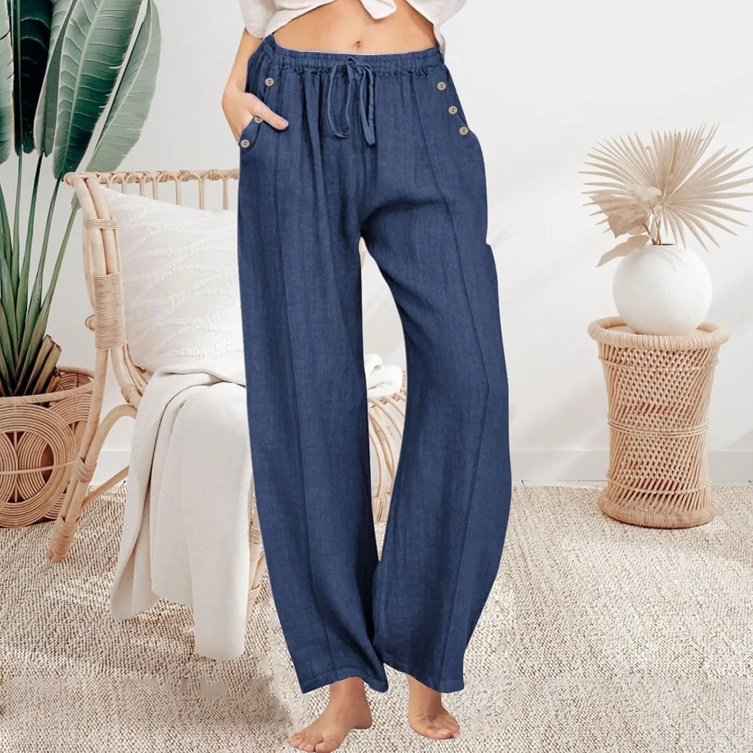 Womens Linen Wide Leg Pants Drawstring High Waist Casual Loose Trousers Summer Palazzo Beach Pants with Pockets
