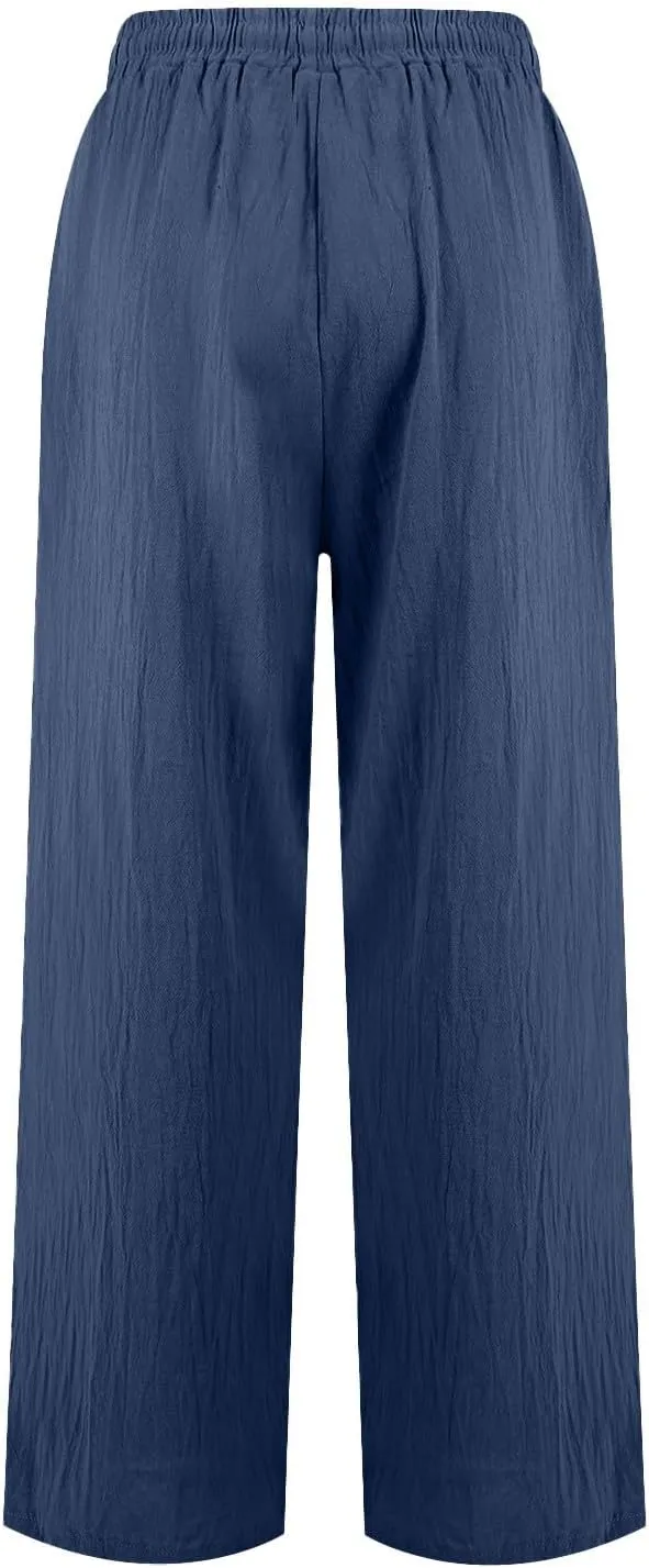 Womens Linen Wide Leg Pants Drawstring High Waist Casual Loose Trousers Summer Palazzo Beach Pants with Pockets