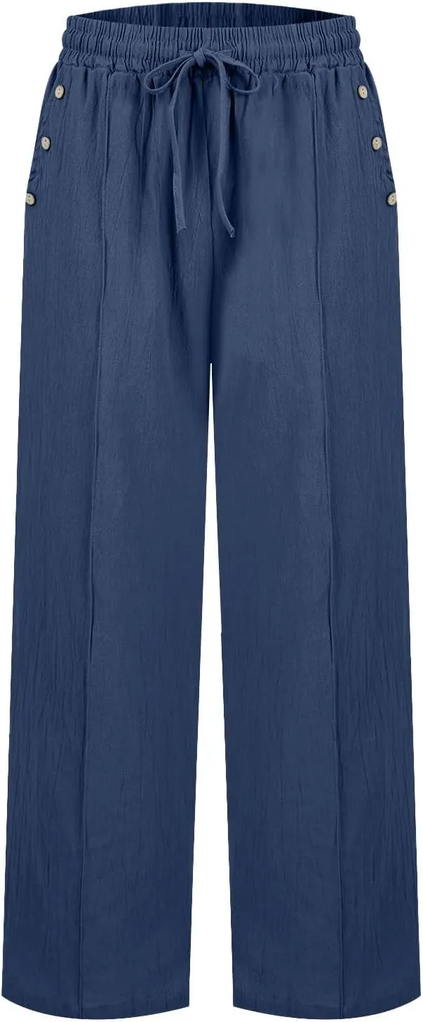 Womens Linen Wide Leg Pants Drawstring High Waist Casual Loose Trousers Summer Palazzo Beach Pants with Pockets