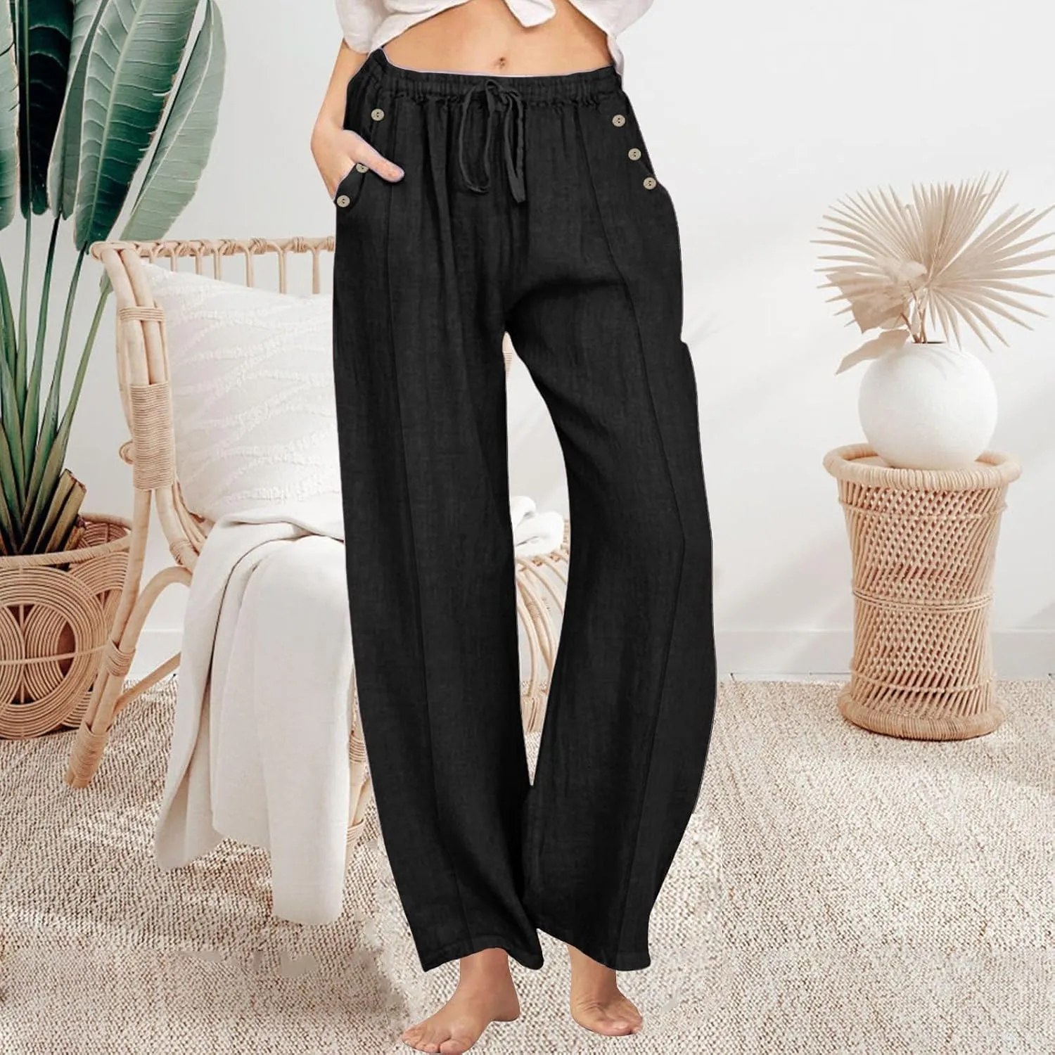 Womens Linen Wide Leg Pants Drawstring High Waist Casual Loose Trousers Summer Palazzo Beach Pants with Pockets
