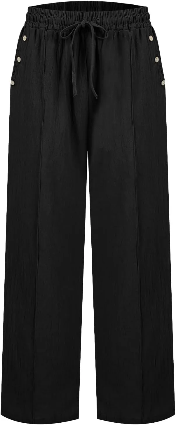 Womens Linen Wide Leg Pants Drawstring High Waist Casual Loose Trousers Summer Palazzo Beach Pants with Pockets