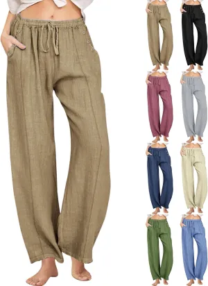 Womens Linen Wide Leg Pants Drawstring High Waist Casual Loose Trousers Summer Palazzo Beach Pants with Pockets