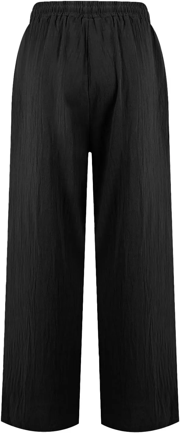 Womens Linen Wide Leg Pants Drawstring High Waist Casual Loose Trousers Summer Palazzo Beach Pants with Pockets