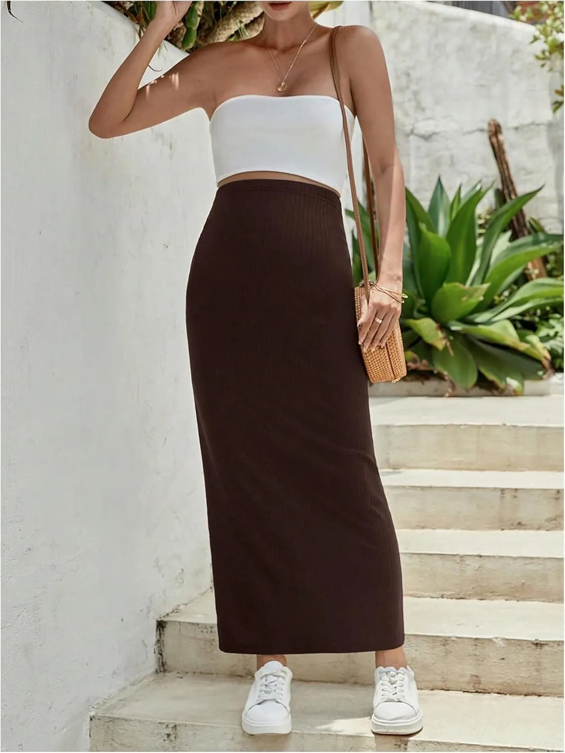 Women's Maternity High Waist Over The Belly Midi Maternity Pencil Skirt Split Hem Bodycon Skirt