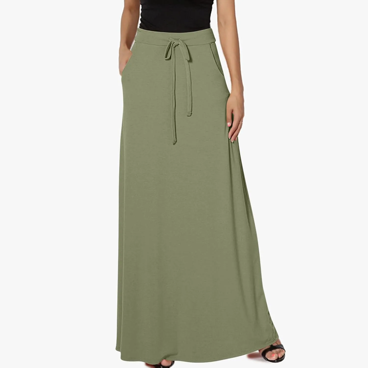 Womens Maxi Skirt Elastic Basic Solid Tie Dye Foldable High Waisted Midi Length Plus Size A-Line Skirts with Pockets