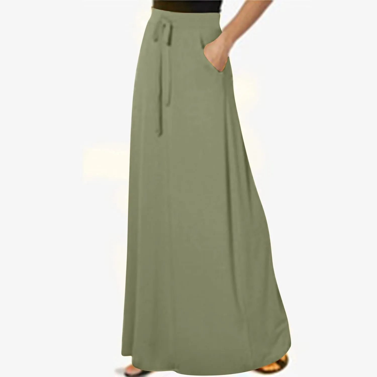 Womens Maxi Skirt Elastic Basic Solid Tie Dye Foldable High Waisted Midi Length Plus Size A-Line Skirts with Pockets