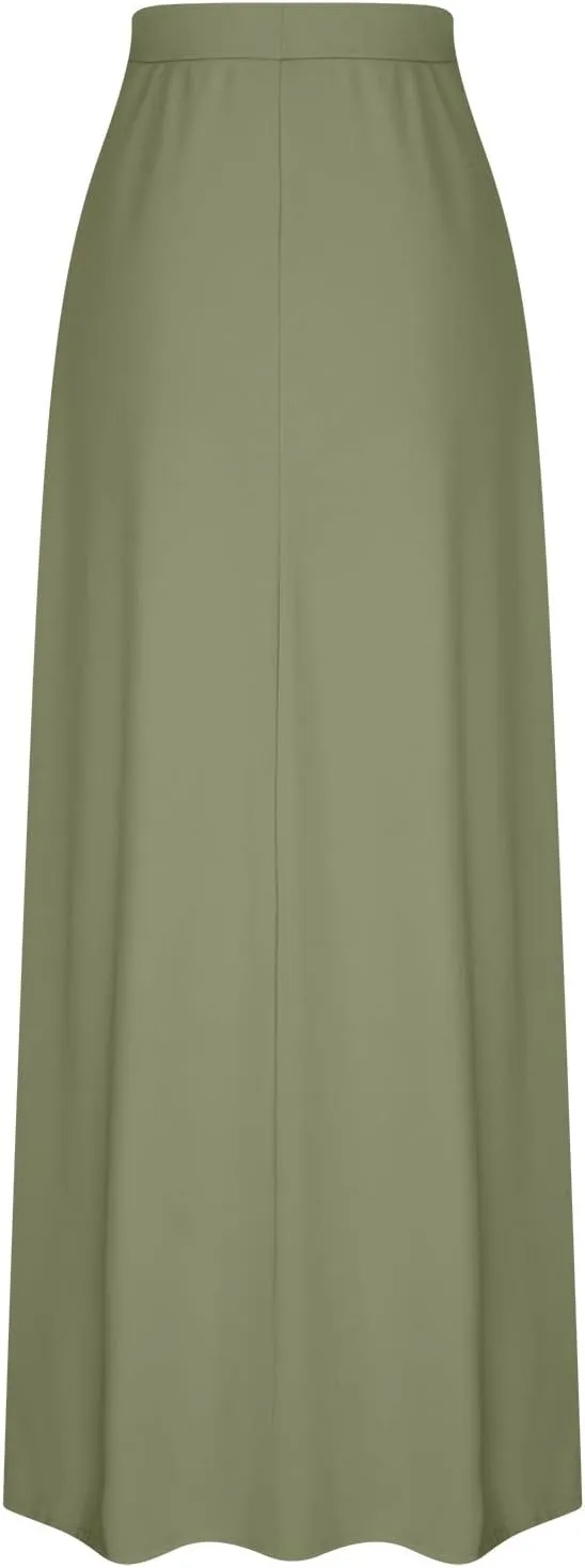 Womens Maxi Skirt Elastic Basic Solid Tie Dye Foldable High Waisted Midi Length Plus Size A-Line Skirts with Pockets