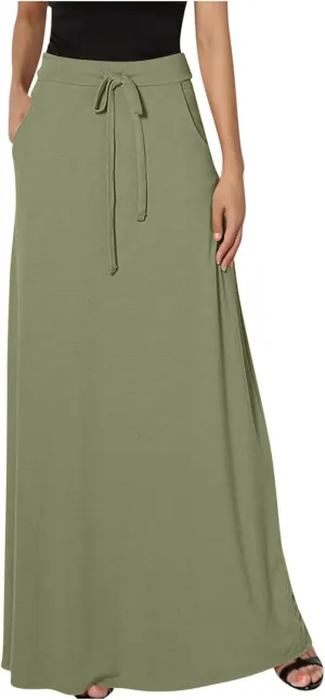 Womens Maxi Skirt Elastic Basic Solid Tie Dye Foldable High Waisted Midi Length Plus Size A-Line Skirts with Pockets