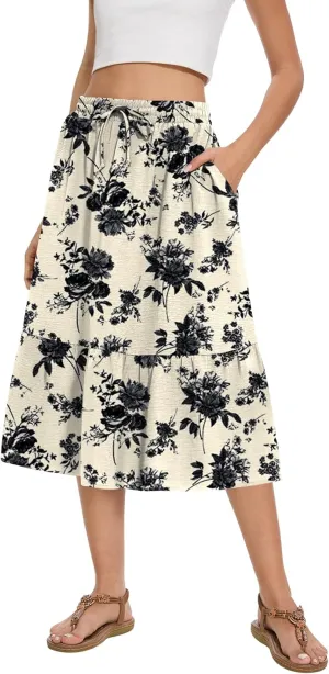 Women's Midi Skirt Summer Tiered Flowy High Waisted Casual Skirts with Pockets