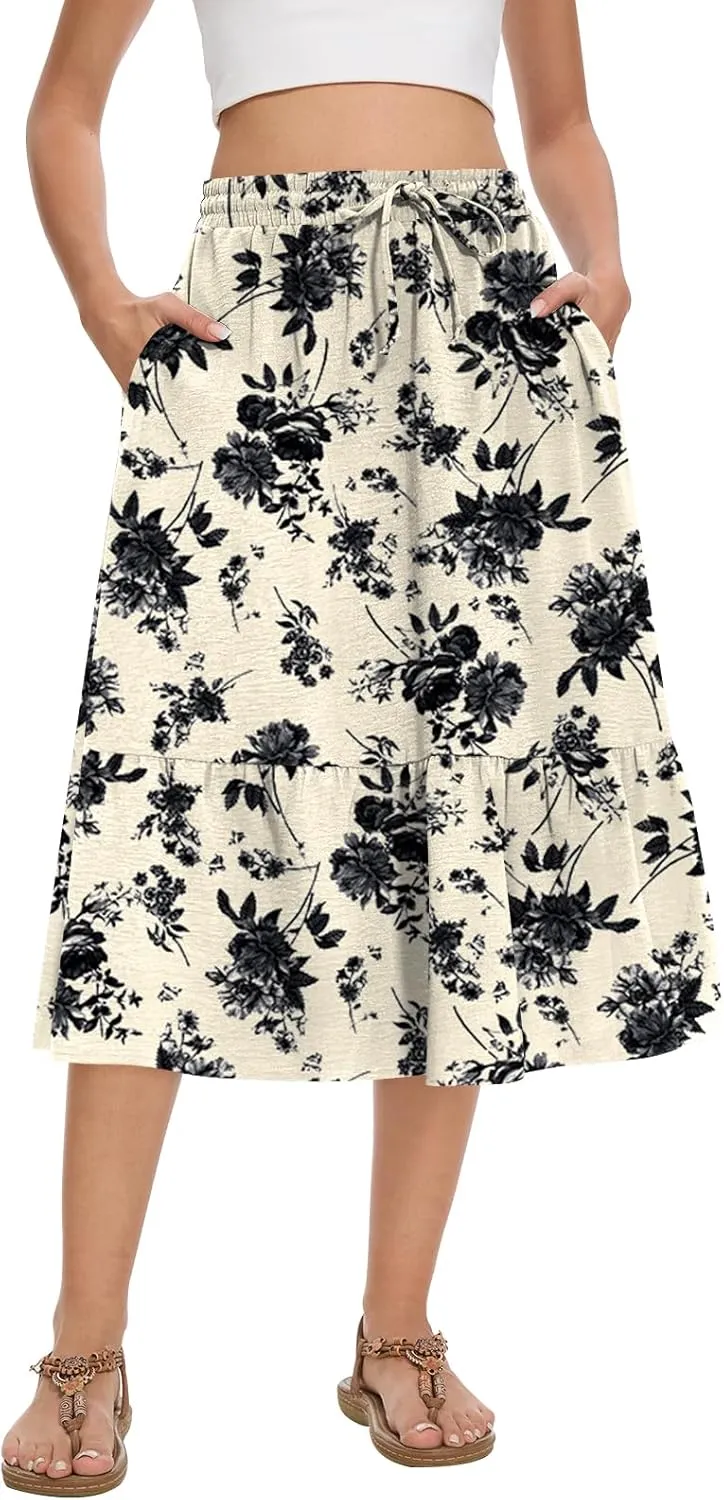 Women's Midi Skirt Summer Tiered Flowy High Waisted Casual Skirts with Pockets