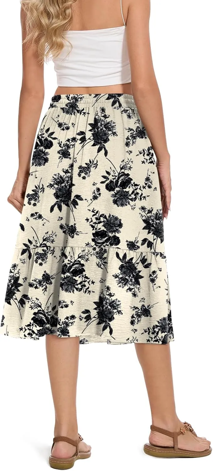 Women's Midi Skirt Summer Tiered Flowy High Waisted Casual Skirts with Pockets
