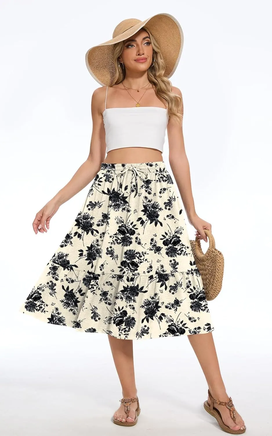 Women's Midi Skirt Summer Tiered Flowy High Waisted Casual Skirts with Pockets