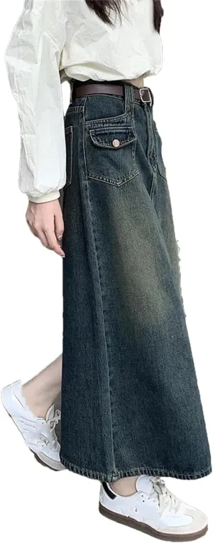 Women's Multi-Pocket Back Slit Maxi Denim Skirt High Waisted Casual Button Down Weekend Skirts