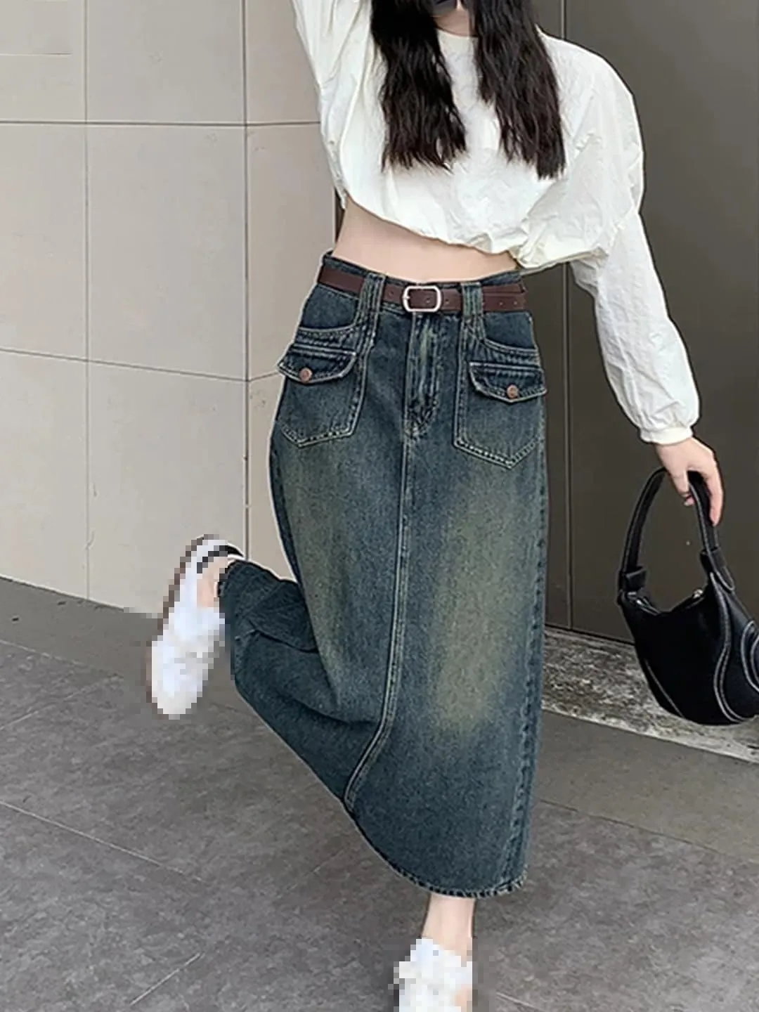 Women's Multi-Pocket Back Slit Maxi Denim Skirt High Waisted Casual Button Down Weekend Skirts