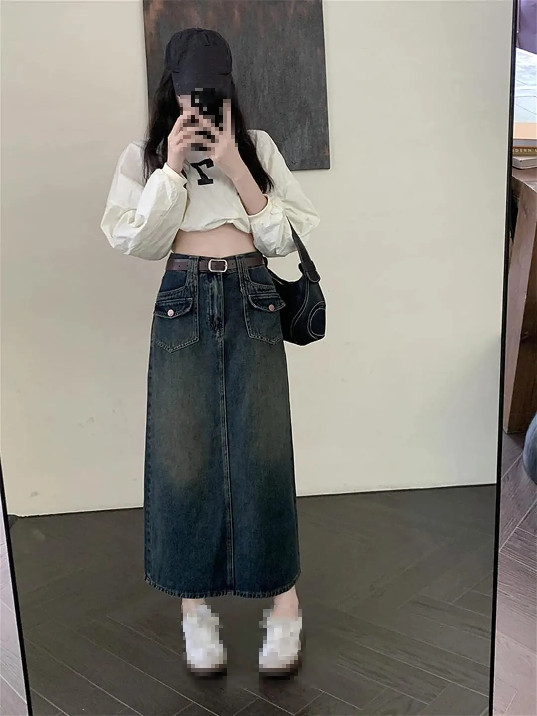 Women's Multi-Pocket Back Slit Maxi Denim Skirt High Waisted Casual Button Down Weekend Skirts