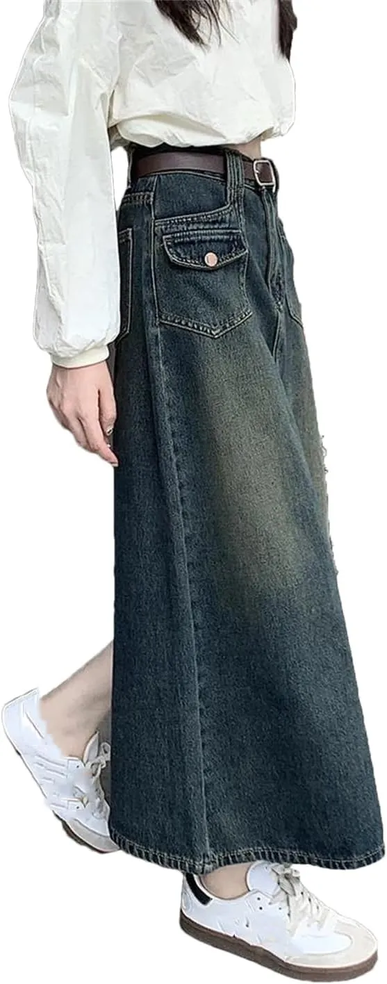 Women's Multi-Pocket Back Slit Maxi Denim Skirt High Waisted Casual Button Down Weekend Skirts