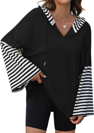 Womens Oversized Hoodie Y2K Casual Striped Sweatshirt Long Sleeve V Neck Pullover Tops Loose Fit Fall Clothes