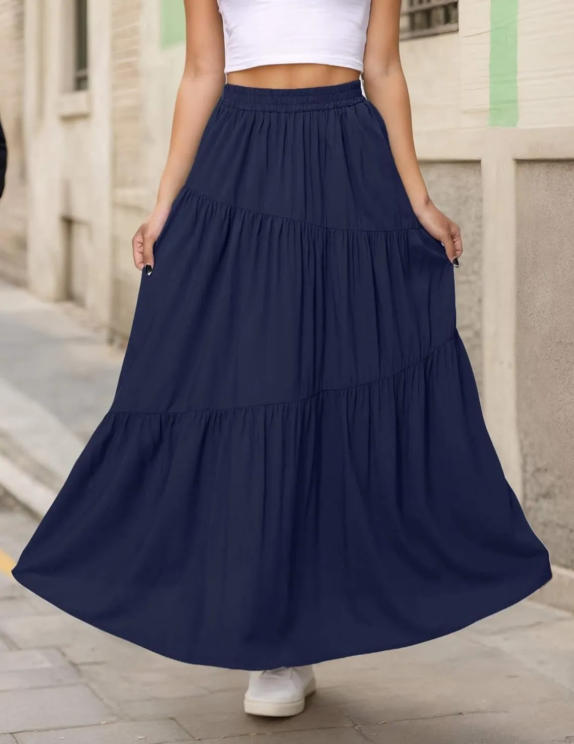 Womens Pleated A-Line Skirt Summer Elastic High Waisted Tiered Casual Long Skirts with Pockets