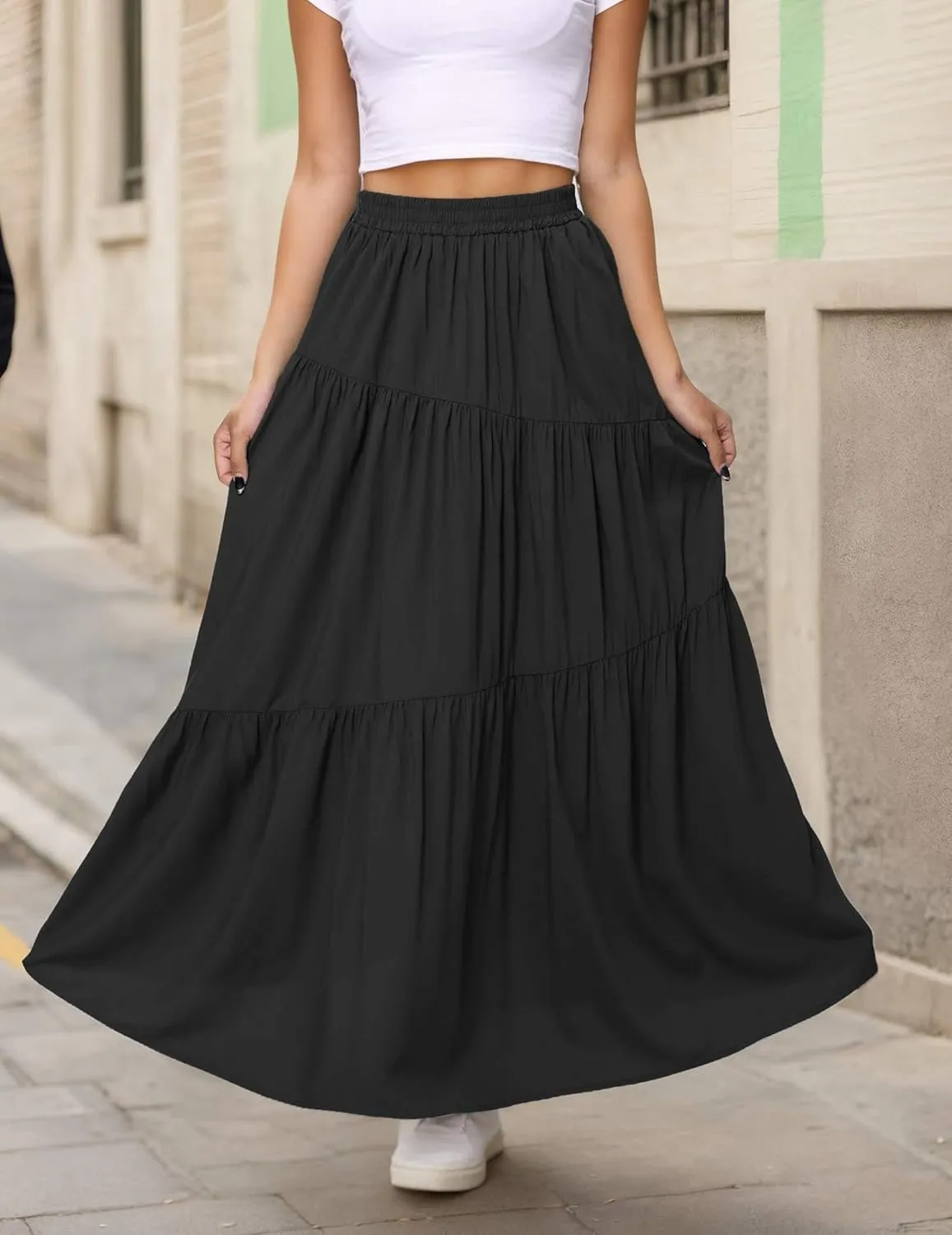 Womens Pleated A-Line Skirt Summer Elastic High Waisted Tiered Casual Long Skirts with Pockets