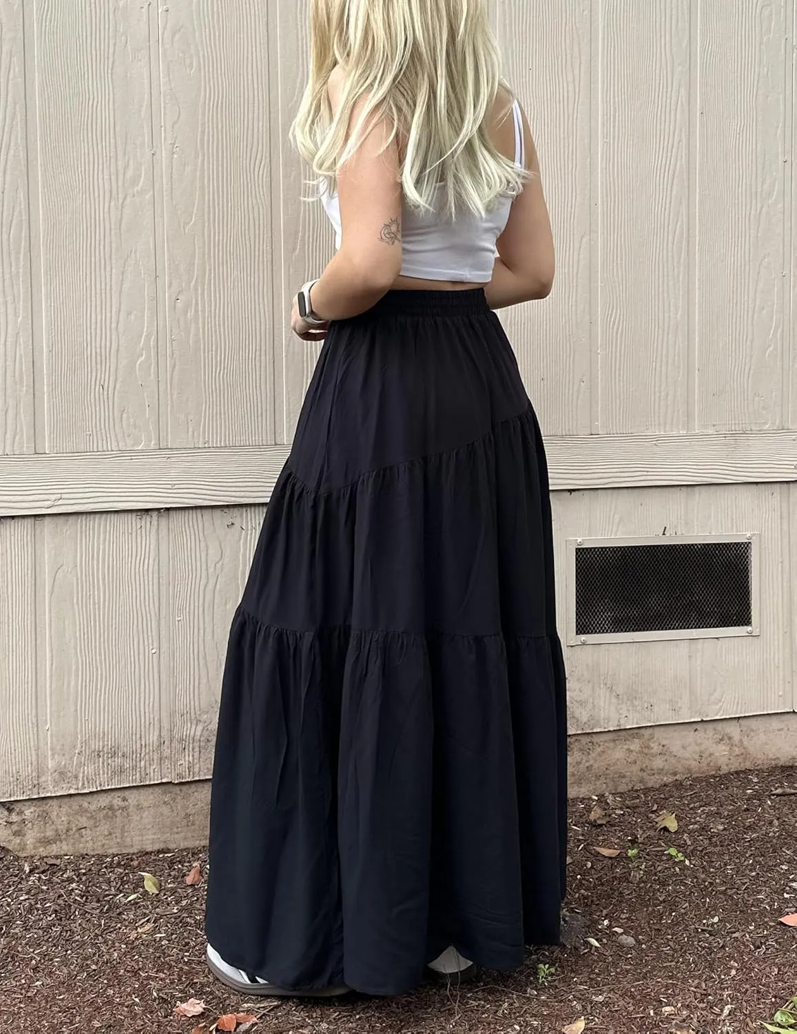 Womens Pleated A-Line Skirt Summer Elastic High Waisted Tiered Casual Long Skirts with Pockets